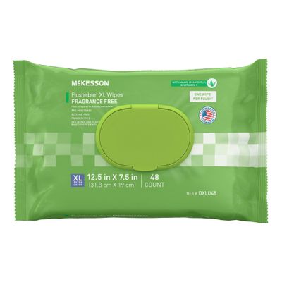 McKesson Flushable* Adult Wet Wipes XL  48 Wipes (1 Pack of 48)  Aloe & Vitamin E, Plant-Based Cleansing Wipes, Unscented, Extra Large
