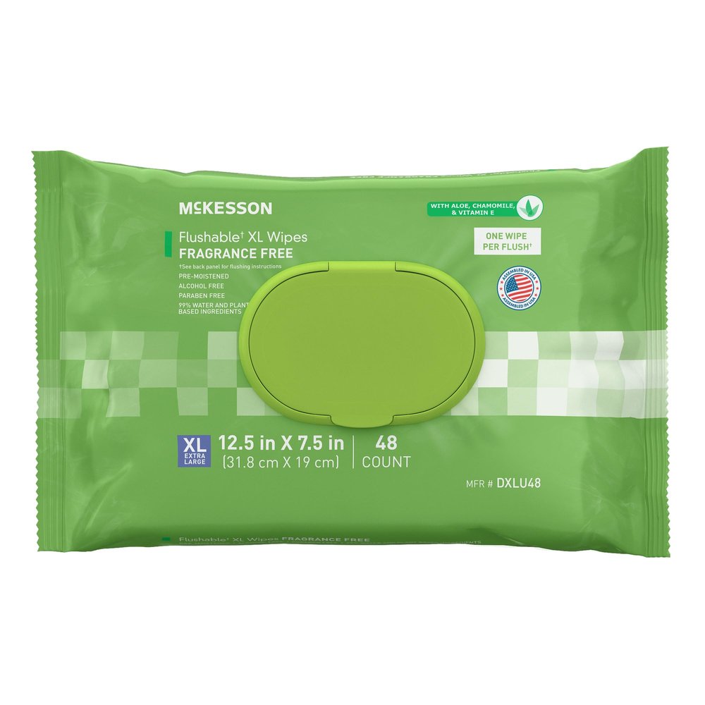 McKesson Flushable* Adult Wet Wipes XL 48 Wipes (1 Pack of 48) Aloe & Vitamin E, Plant-Based Cleansing Wipes, Unscented, Extra Large