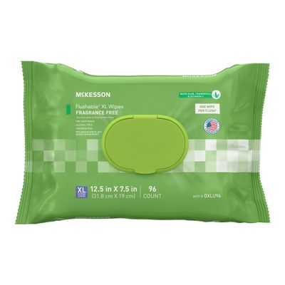 McKesson Flushable* Adult Wet Wipes XL  96 Wipes (1 Pack of 96)  Aloe & Vitamin E, Plant-Based Cleansing Wipes, Unscented, Extra Large