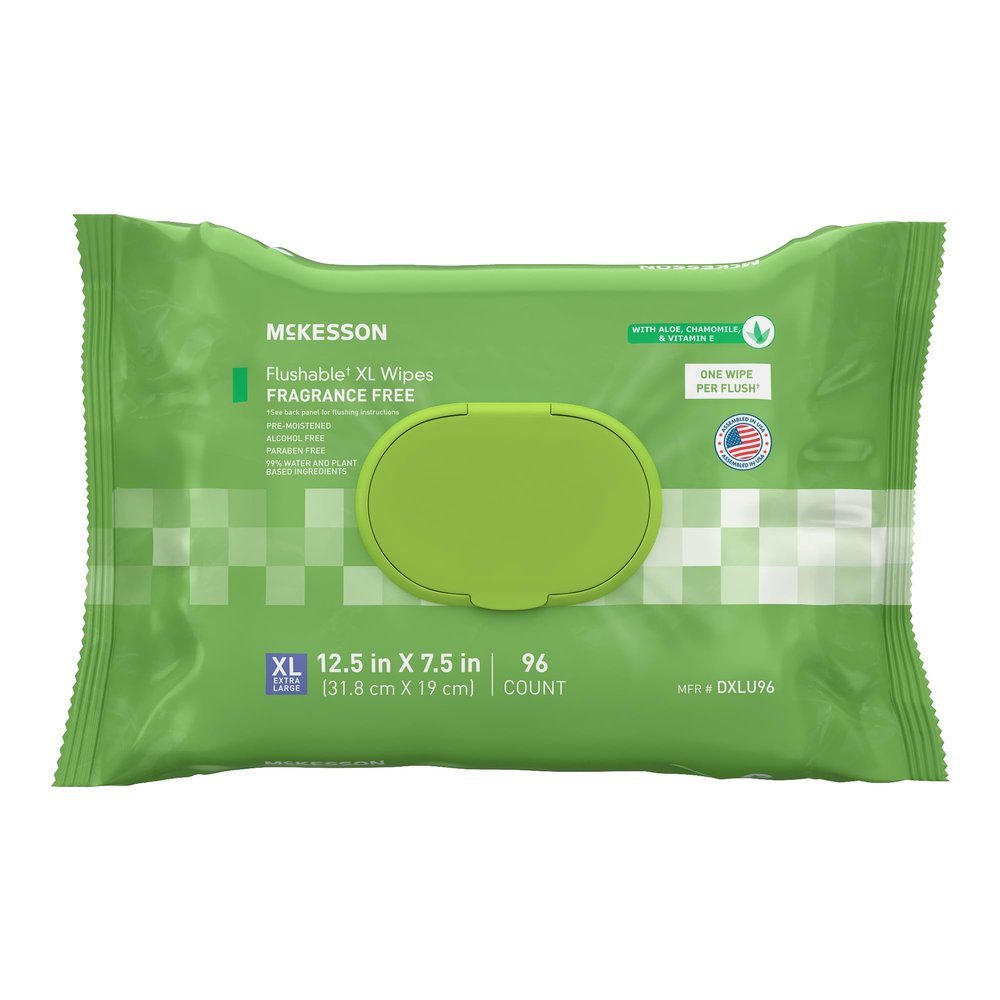 McKesson Flushable* Adult Wet Wipes XL  96 Wipes (1 Pack of 96)  Aloe & Vitamin E, Plant-Based Cleansing Wipes, Unscented, Extra Large