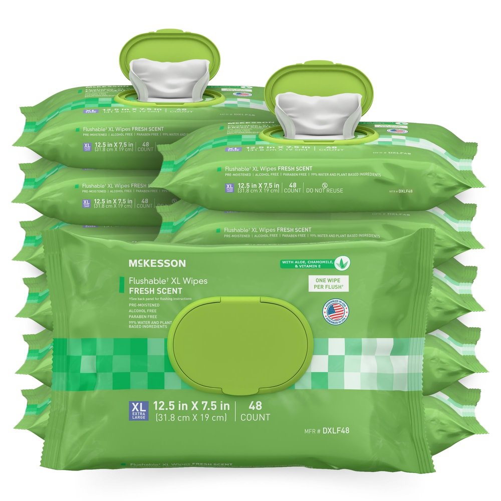 McKesson Flushable* Adult Wet Wipes XL  576 Wipes (12 Pack of 48)  Aloe & Vitamin E, Plant-Based Cleansing Wipes, Scented, Extra Large