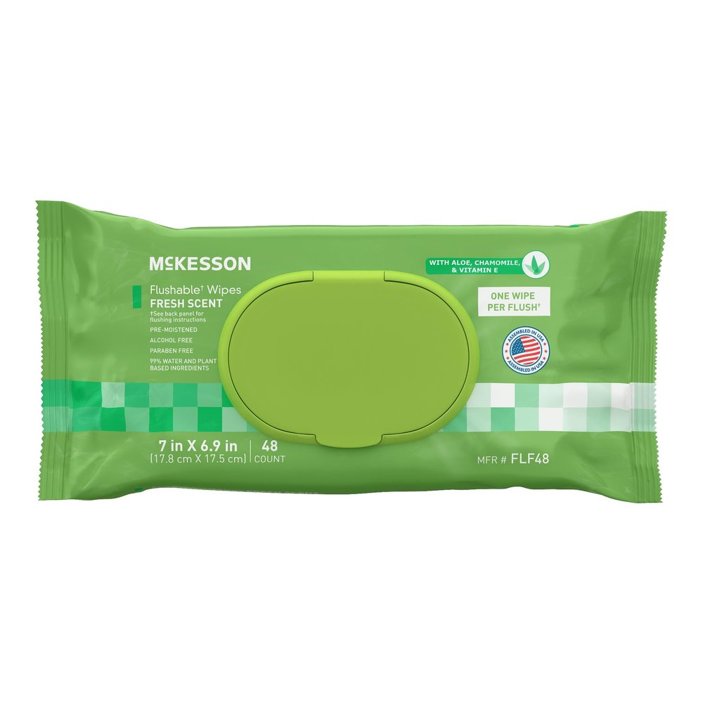 McKesson Flushable* Adult Wet Wipes  48 Wipes (1 Pack of 48)  Aloe & Vitamin E, Plant-Based Cleansing Wipes, Scented