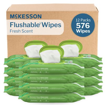 McKesson Flushable* Adult Wet Wipes  576 Wipes (12 Pack of 48)  Aloe & Vitamin E, Plant-Based Cleansing Wipes, Scented