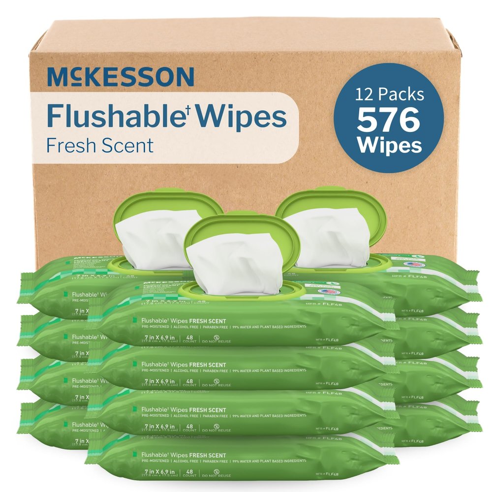 McKesson Flushable* Adult Wet Wipes  576 Wipes (12 Pack of 48)  Aloe & Vitamin E, Plant-Based Cleansing Wipes, Scented