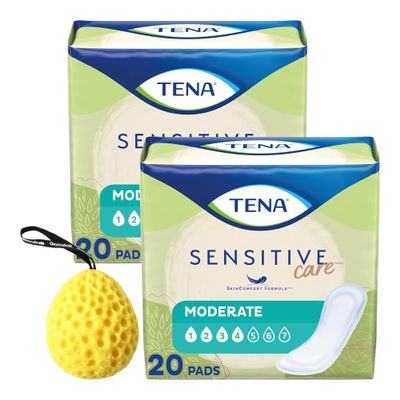 Sensitive Care Pads Moderate, 20 Regular Pads - Bladder Leakage Pads for Women | Bundled with Beyondeals Bath Sponge - Soft, Breathable, High Absorbent Incontinence Pads Cotton ~ [Pack of 2], White