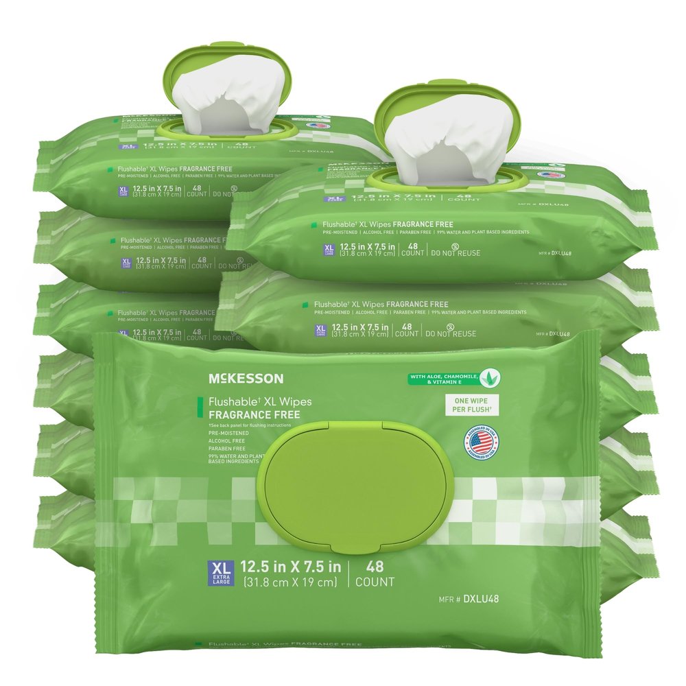 McKesson Flushable* Adult Wet Wipes XL  576 Wipes (12 Pack of 48)  Aloe & Vitamin E, Plant-Based Cleansing Wipes, Unscented, Extra Large
