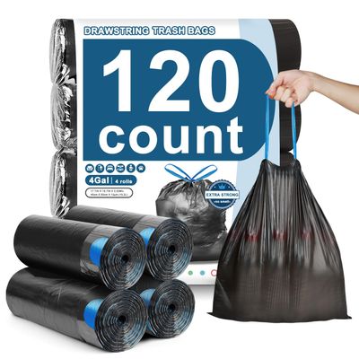 120 Count-4 Gallon Trash Bags Drawstring, Black Small Garbage Bags, JUKFITA Unscented Trash Can Liners, Strong Wastebasket Liner for Bathroom Toilet Office Bedroom
