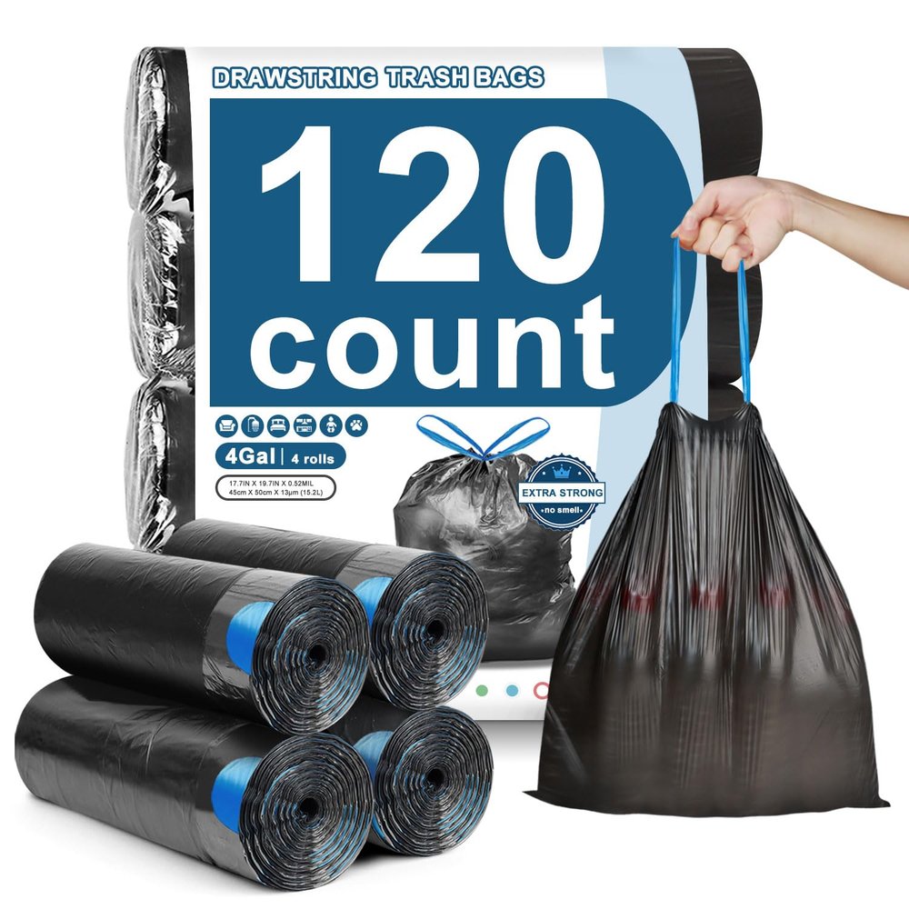 120 Count-4 Gallon Trash Bags Drawstring, Black Small Garbage Bags, JUKFITA Unscented Trash Can Liners, Strong Wastebasket Liner for Bathroom Toilet Office Bedroom