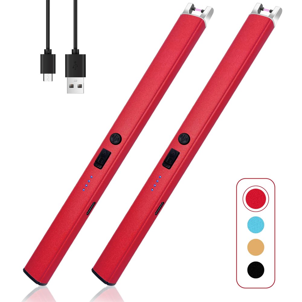 2 PCS Candle Lighter,Windproof Flameless Electric Lighter with LED Power Display Safety Switch, Upgraded Plasma USB Rechargeable Lighters for Birthday Camping BBQ Red