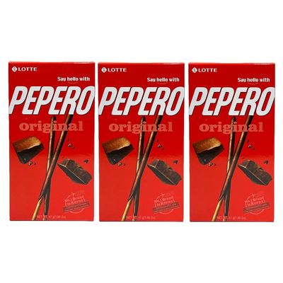 Asian Needs Lotte Pepero Original, 3 Pack | Chocolate Covered Biscuit Sticks, 32g Each | Korean Snack Treats