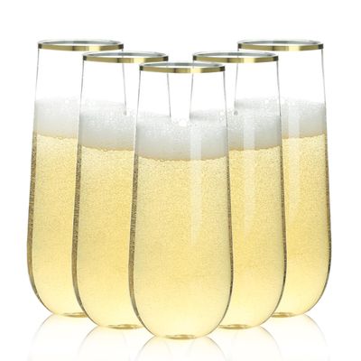 Bestluck 24 Pack 9 oz Stemless Plastic Champagne Flutes, Clear Disposable Champagne Glasses Gold Rim, Shatterproof and BPA-Free Drinkware for Party & Graduation & Wedding