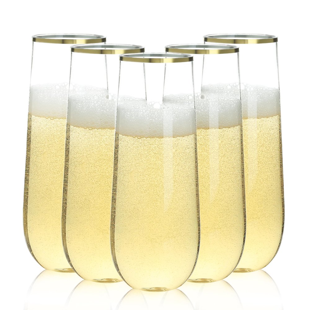 Bestluck 24 Pack 9 oz Stemless Plastic Champagne Flutes, Clear Disposable Champagne Glasses Gold Rim, Shatterproof and BPA-Free Drinkware for Party & Graduation & Wedding