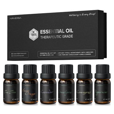 Airversa Top 6 Aromatherapy Oils Set-6 Packs, 10mL (Eucalyptus, Lavender, Lemon Grass, Sweet Orange, Peppermint, Tea Tree) - 0.34 Fl.Oz x 6