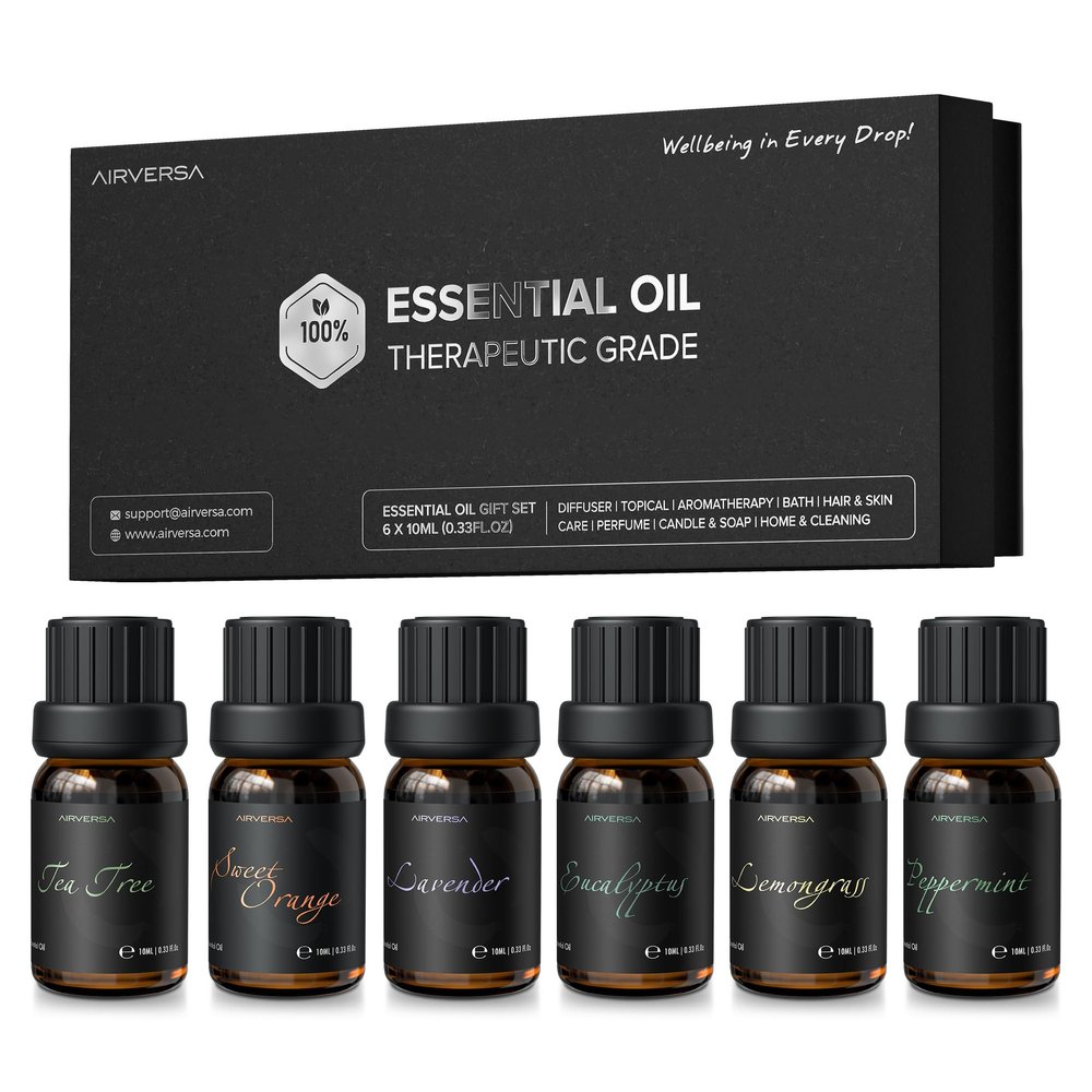 Airversa Top 6 Aromatherapy Oils Set-6 Packs, 10mL (Eucalyptus, Lavender, Lemon Grass, Sweet Orange, Peppermint, Tea Tree) - 0.34 Fl.Oz x 6