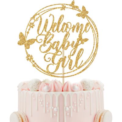 Welcome Baby Cake Topper, Baby Shower Cake Decorations - It's a Girl, Baby's 1st Birthday Party Decorations (Gold Glitter)