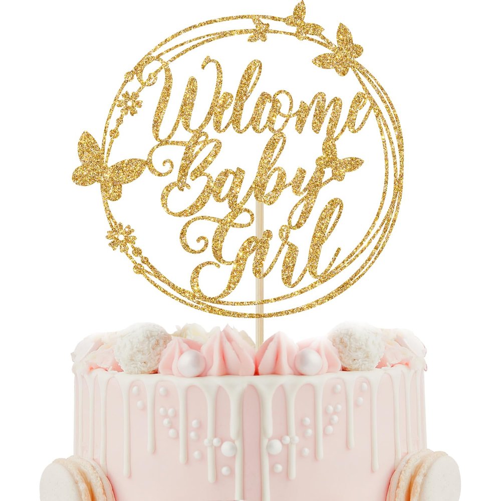 Welcome Baby Cake Topper, Baby Shower Cake Decorations - It's a Girl, Baby's 1st Birthday Party Decorations (Gold Glitter)