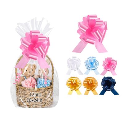 12 PCS Clear Cellophane Gift Bags 16x24 Inch Easter Cellophane Wrap with 12 Pull Bows for Baby Shower Easter Gift Baskets Birthday 2.5 Mil Thick