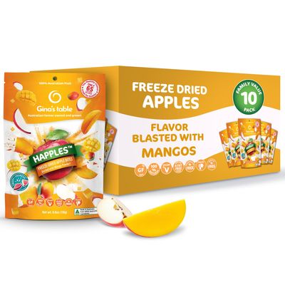 Happles Freeze Dried Apples with Mango Fruit Powder 100% Natural, No Added Sugar, Healthy Low Calorie Apple Crisps Snack for Adults & Kids, Gluten Free, No Artificial Flavours (10 Pack)