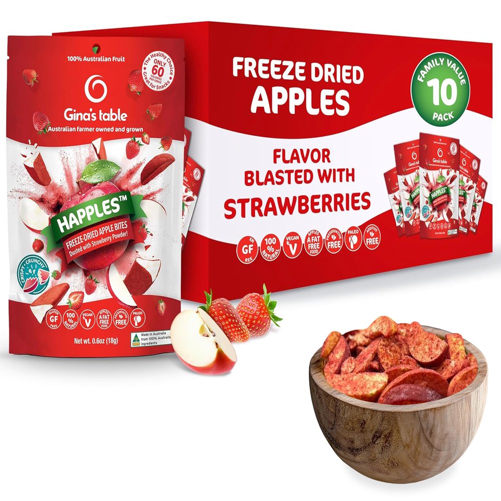 Happles Freeze Dried Apples with Strawberry Fruit Powder  100% Natural, No Added Sugar, Healthy Low Calorie Apple Crisps Snack for Adults & Kids, Gluten Free, No Artificial Flavours (10 Pack)