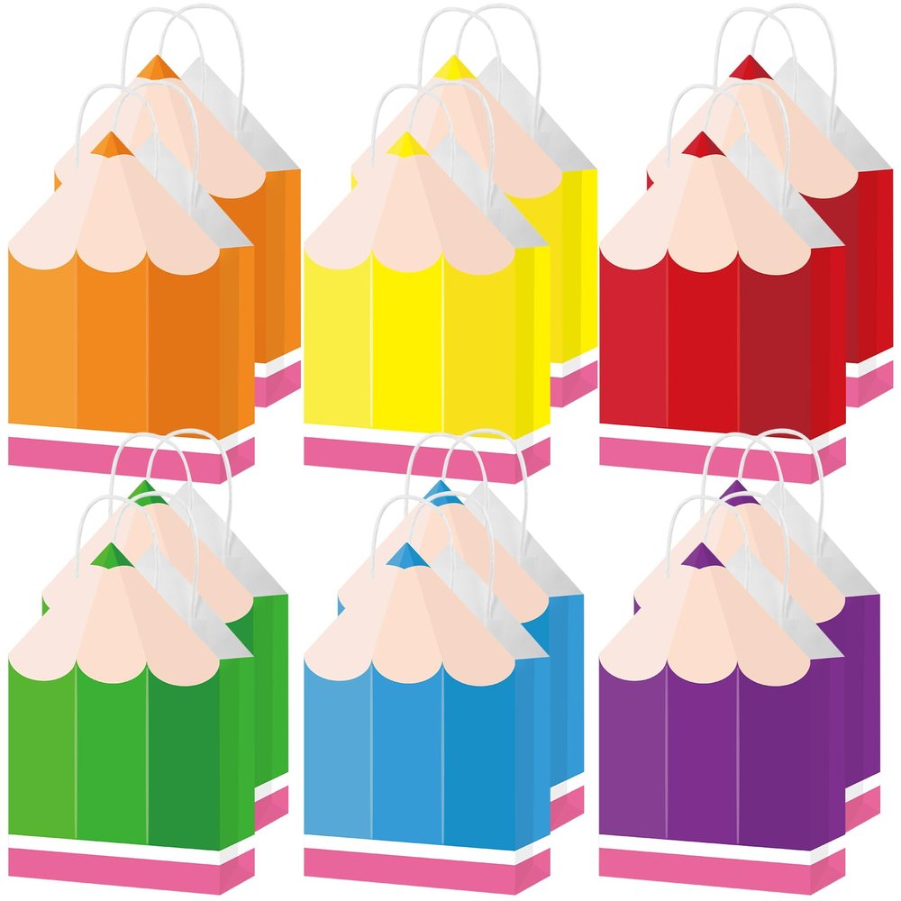 12Pcs Welcome Back to School Pencil Gift Favors Bags First Day of School Candy Boxes with Handle Pencil Goodie Treat Bag for Teacher Appreciation Kindergarten Graduation Birthday Party Supplies