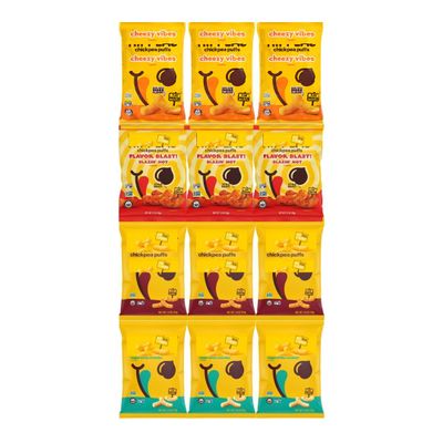 Variety Pack Puffs - Crunchy & Flavorful Snack, Includes Bohemian, Vegan White Cheddar, Cheezy Vibes, Blazin' Hot, 3 of Each Flavor - 12 Pack, Plant-Based, Gluten-Free, High Protein
