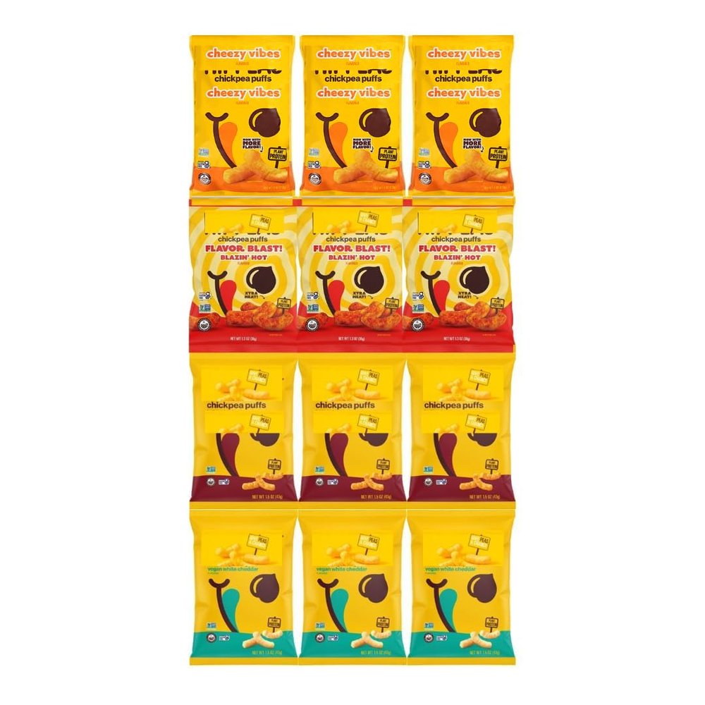 Variety Pack Puffs - Crunchy & Flavorful Snack, Includes Bohemian, Vegan White Cheddar, Cheezy Vibes, Blazin' Hot, 3 of Each Flavor - 12 Pack, Plant-Based, Gluten-Free, High Protein
