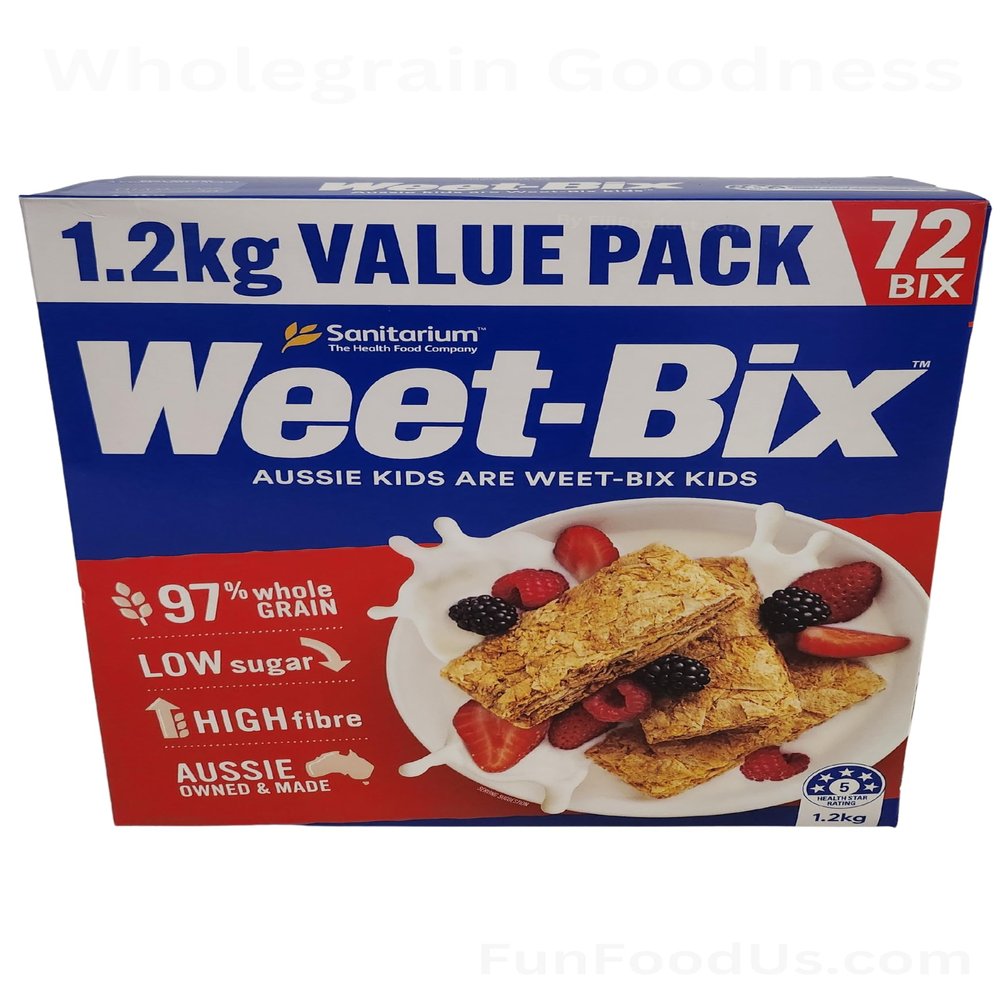 Aussie Made Weet-Bix 97% Wholegrain (1.2kg VALUE PACK 72 BIX) By Sanitarium Health Food Company Australia. Low in Sugar. Goodness and Energy!