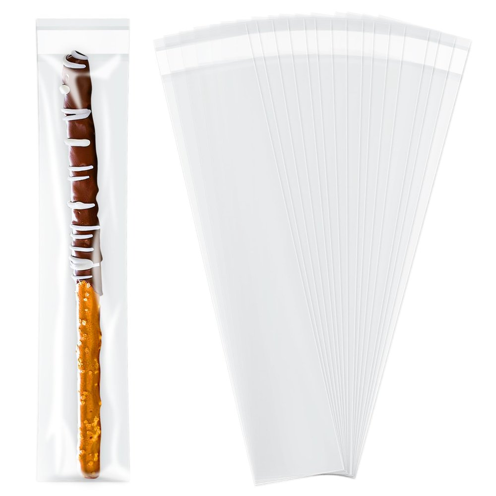 200 Pcs 2"x10" Clear Plastic Self Sealing Bags for Pretzel Rods, Cookies, Candies, Chocolate | Reusable Cellophane Bags for Bakery, Party Favors, Candy Store Supplies