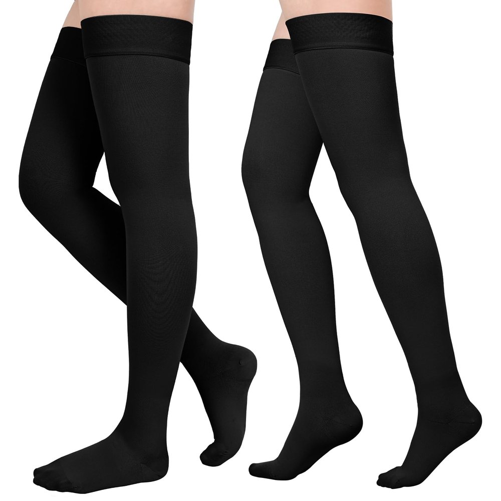 2 Pairs Compression Stockings for Women & Men, Thigh High Length 15-20mmHg Graduated Compression Socks for Nursing Sports Varicose Veins, Dot Top, Closed Toe, Black,S