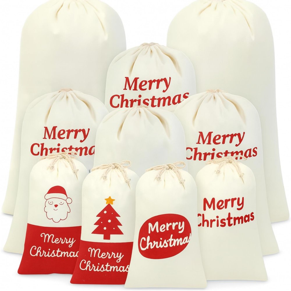 Clysee 12 Pcs Santa Sublimation Blank Christmas Sacks Drawstring Christmas Gift Bag Xmas Canvas Cotton Sack for Xmas Gift Sublimation Drawstring Bag, 3 Size (43", 27", 20")