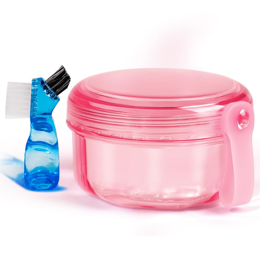 No Leak & Non-Slip Partial Denture Case Retainer Bath Box Cup, Denture Soaking Cup False Teeth Holder Box Case with Strainer Basket and Brush,Dishwasher safe - Transparent Pink