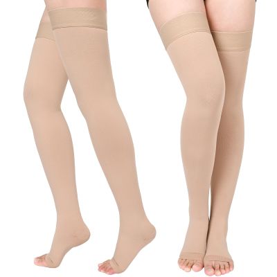 2 Pairs Compression Stockings for Women & Men, Thigh High Length 15-20mmHg Graduated Compression Socks for Nursing Sports Varicose Veins, Dot Top, Open Toe, Beige,3XL