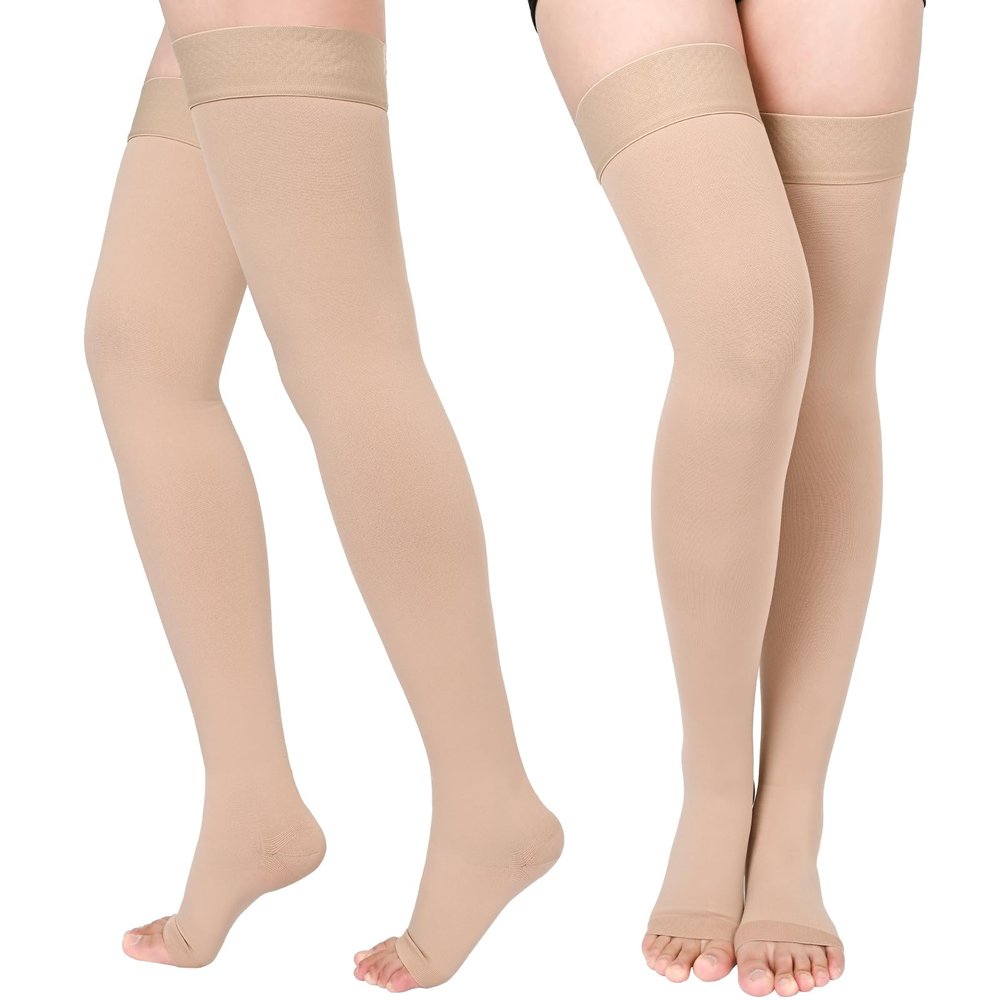 2 Pairs Compression Stockings for Women & Men, Thigh High Length 15-20mmHg Graduated Compression Socks for Nursing Sports Varicose Veins, Dot Top, Open Toe, Beige,3XL