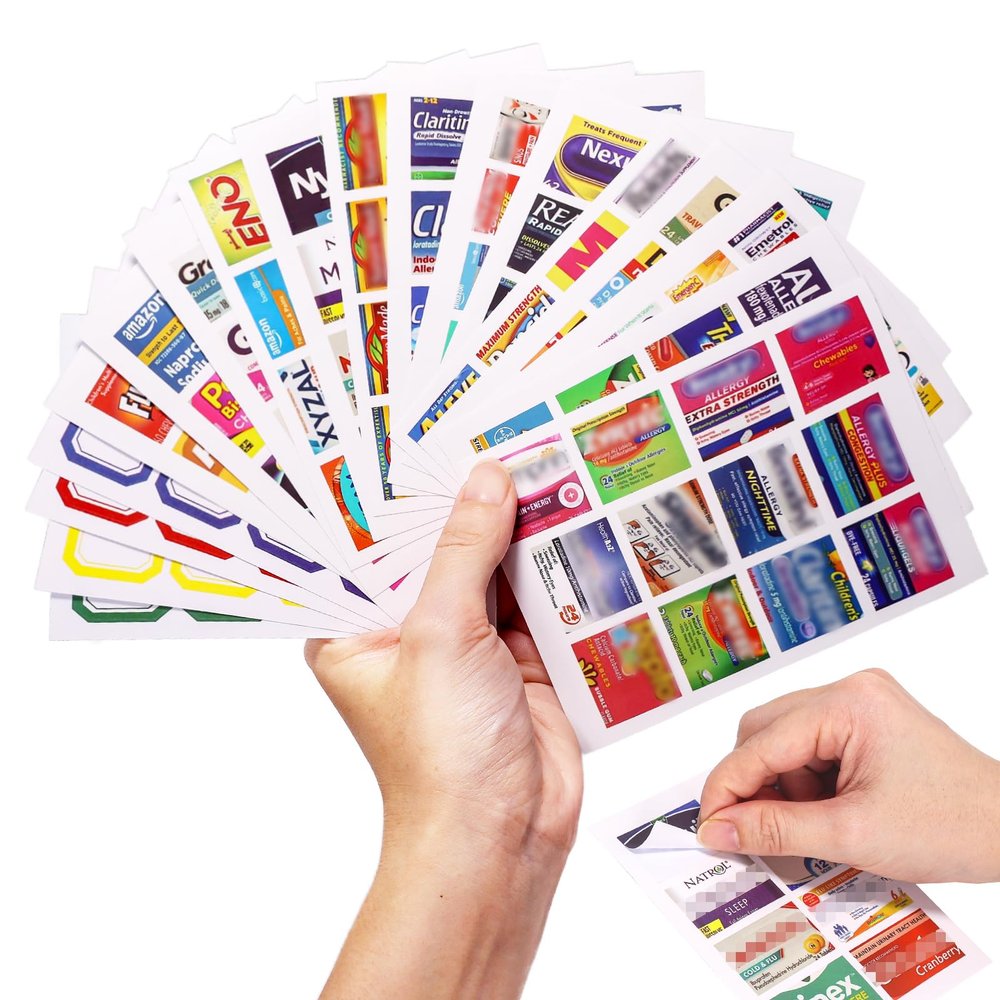 383Pcs Pill Organizer Medicine Labels, Pre-Cut Medicine Stickers Travel Daily Pill Container Labels with 34 Sheets Pill Box Lables Pill Organizer Stickers of Brands+4 Sheets Blank Stickers(351+32PCS)