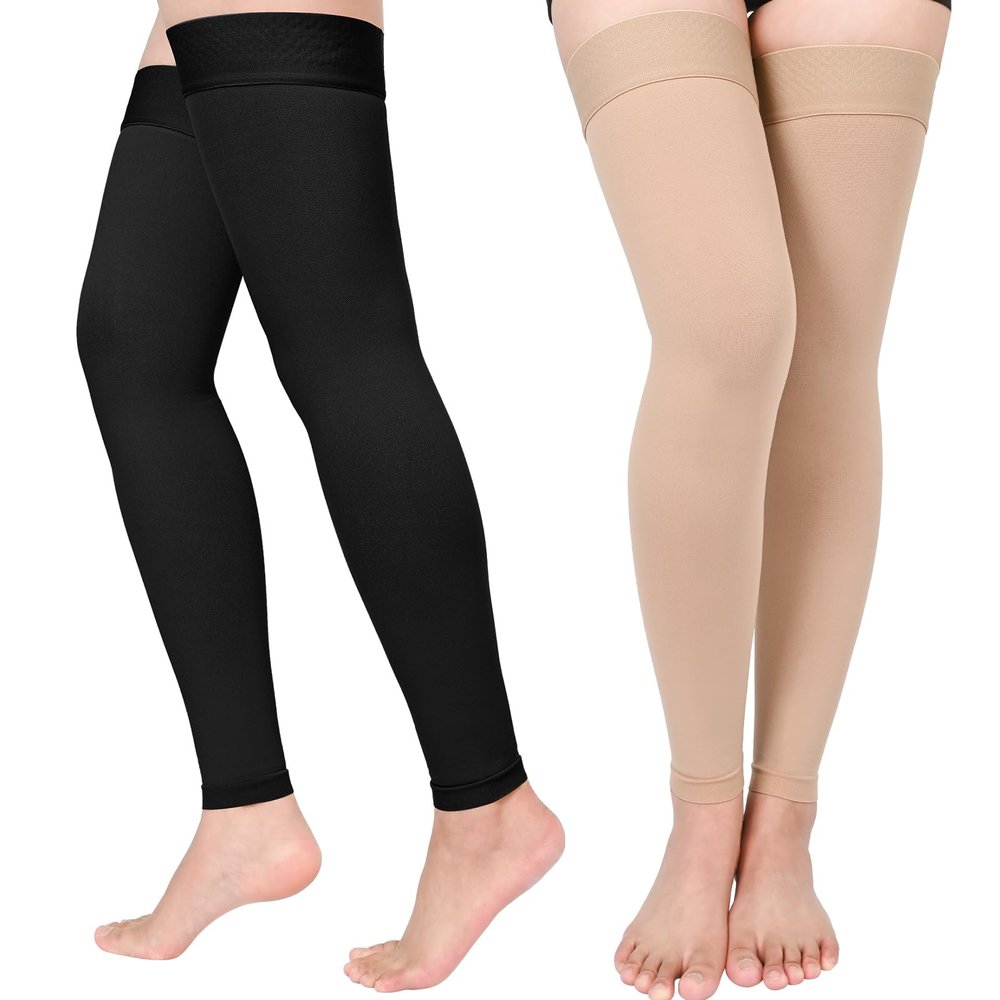 2 Pairs Compression Stockings for Women & Men, Thigh High Length 15-20mmHg Graduated Compression Socks for Nursing Sports Varicose Veins, Dot Top, Footless, Mix,L