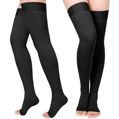 2 Pairs Compression Stockings for Women & Men, Thigh High Length 15-20mmHg Graduated Compression Socks for Nursing Sports Varicose Veins, Dot Top, Open Toe, Black,M
