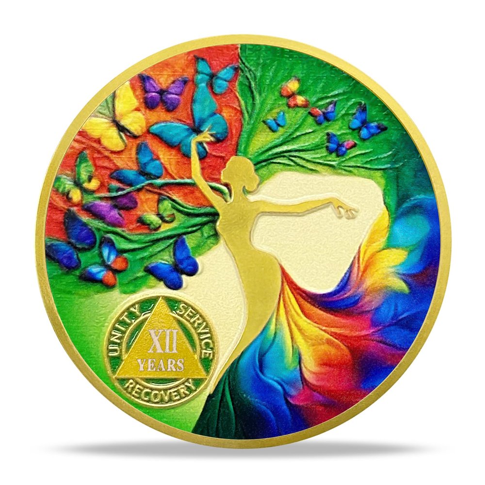 12 Years Sobriety Coin Gift | Dancing Woman Tree AA Chip Medallion with Coin Capsule | Sobriety Gifts for Anniversary Year for Men & Women in Recovery