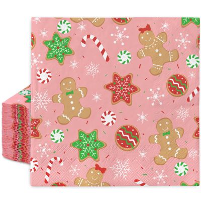 JarThenaAMCS 80Pcs Pink Christmas Paper Napkin Gingerbread Candy Cane Snowflake Disposable Luncheon Napkins Cute Xmas Dinner Hand Napkin for Winter Birthday Baby Shower Party Supplies