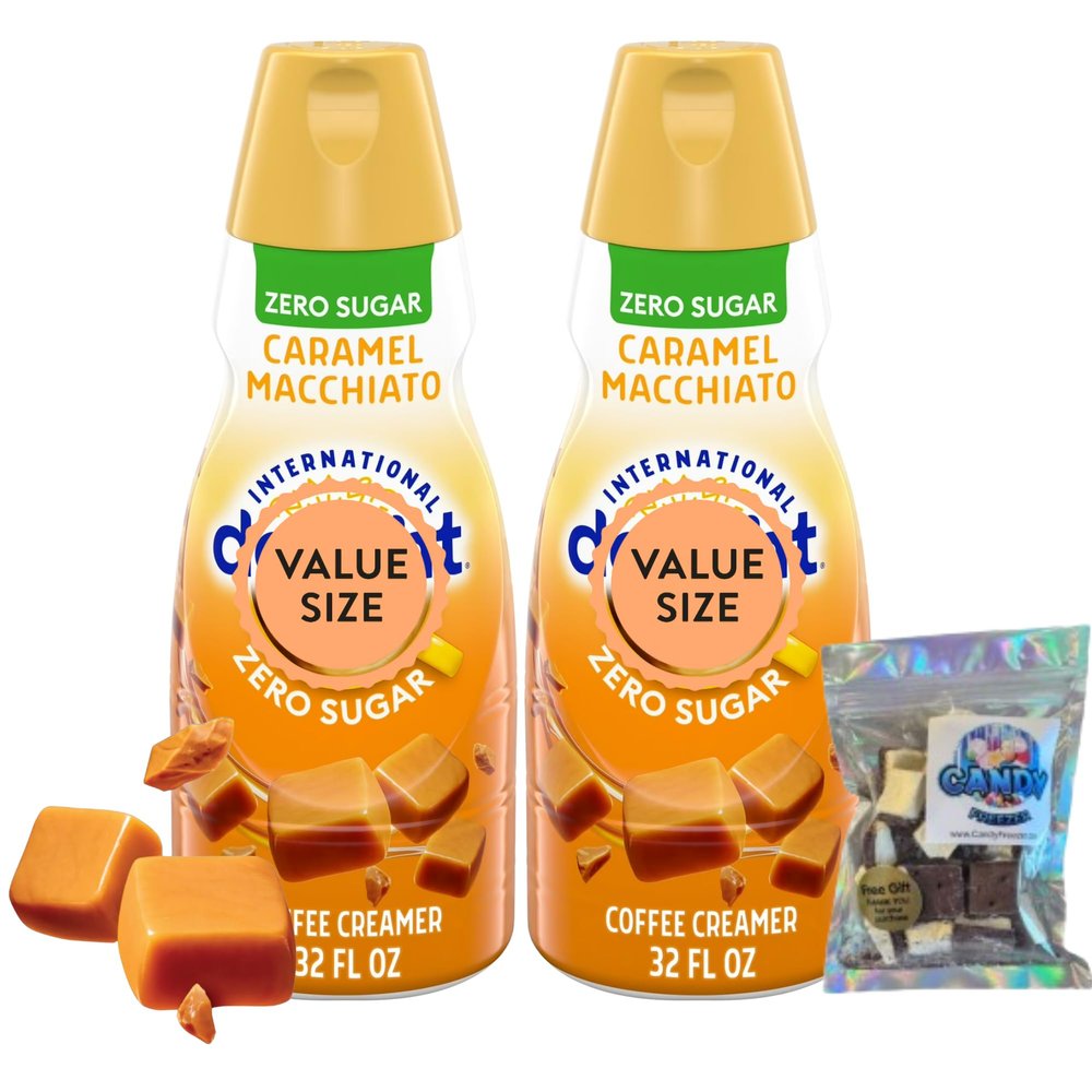 Zero Sugar Caramel Macchiato Liquid Coffee Creamer.- Two (2) 32 fl oz Bottles of Sugar Free Creamy Smooth Delightful Coffee Creamer with Candy Freezer 1 oz Freeze Dried Ice Cream Bites (Zero Sugar Caramel Macchiato) Candy