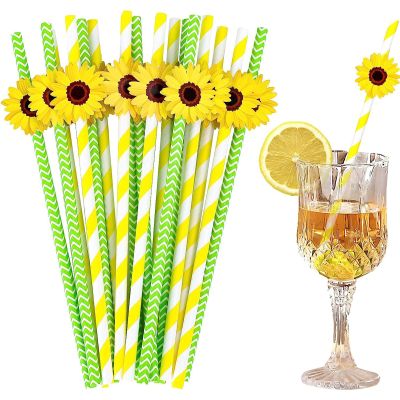 20Pcs Flower Paper Straws,Summer Garden Party Straws,Green Yellow Flora Straws,Party Drinking Straw for Wedding Birthday Party Decoration Supplies