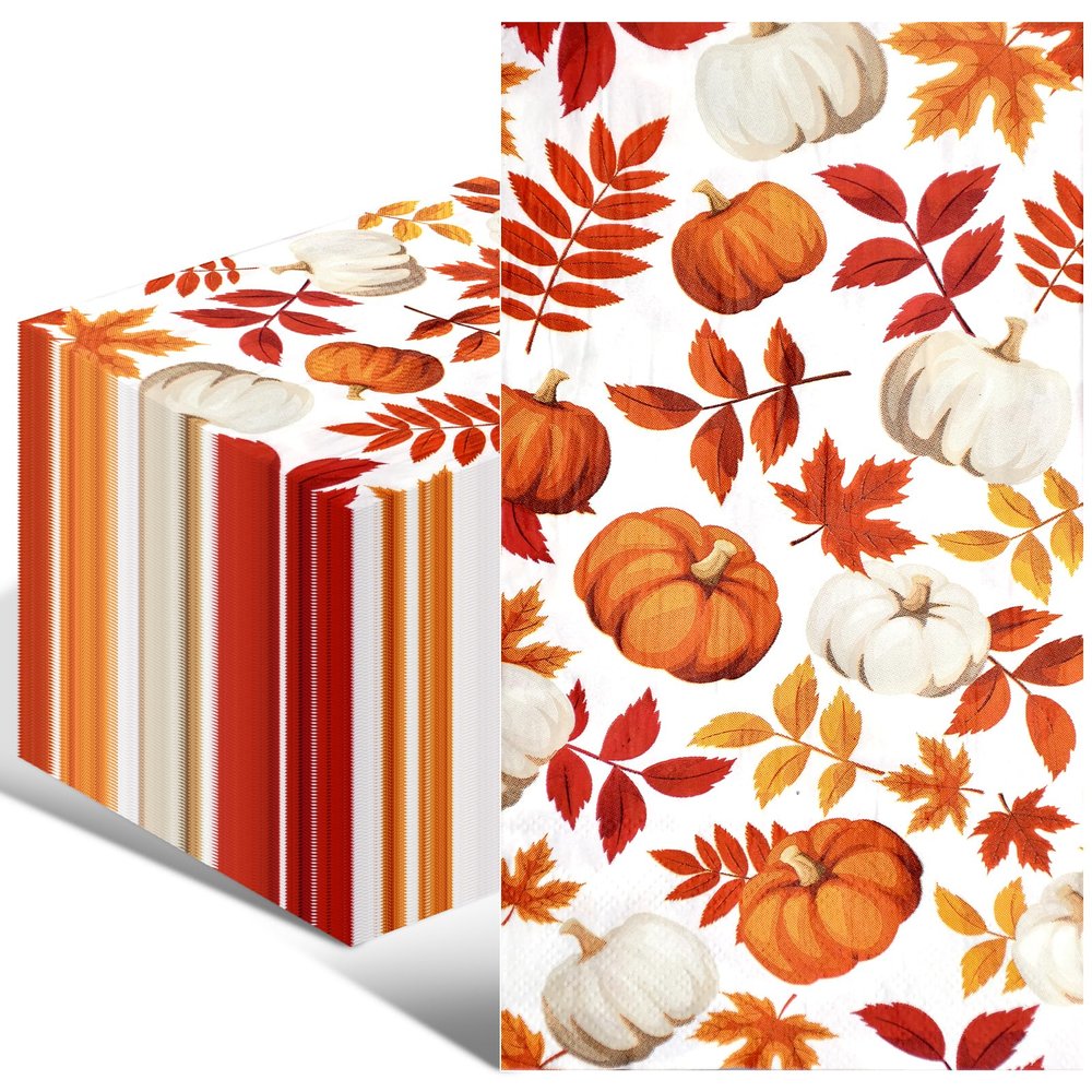 100 Pack Fall Thanksgiving Paper Napkins - Disposable Pumpkin and Autumn Maple Leaves Pattern Serviettes Tableware Luncheon Cocktail Napkin Party Supplies for Holiday Dinner Decorations