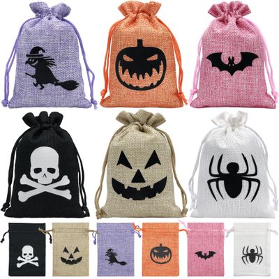 Jexila 24 Pack Halloween Burlap Gift Bags Small Drawstring Goodie Treat Bag Halloween Linen Jute Candy Bags for Kids Trick or Treat Party Favor