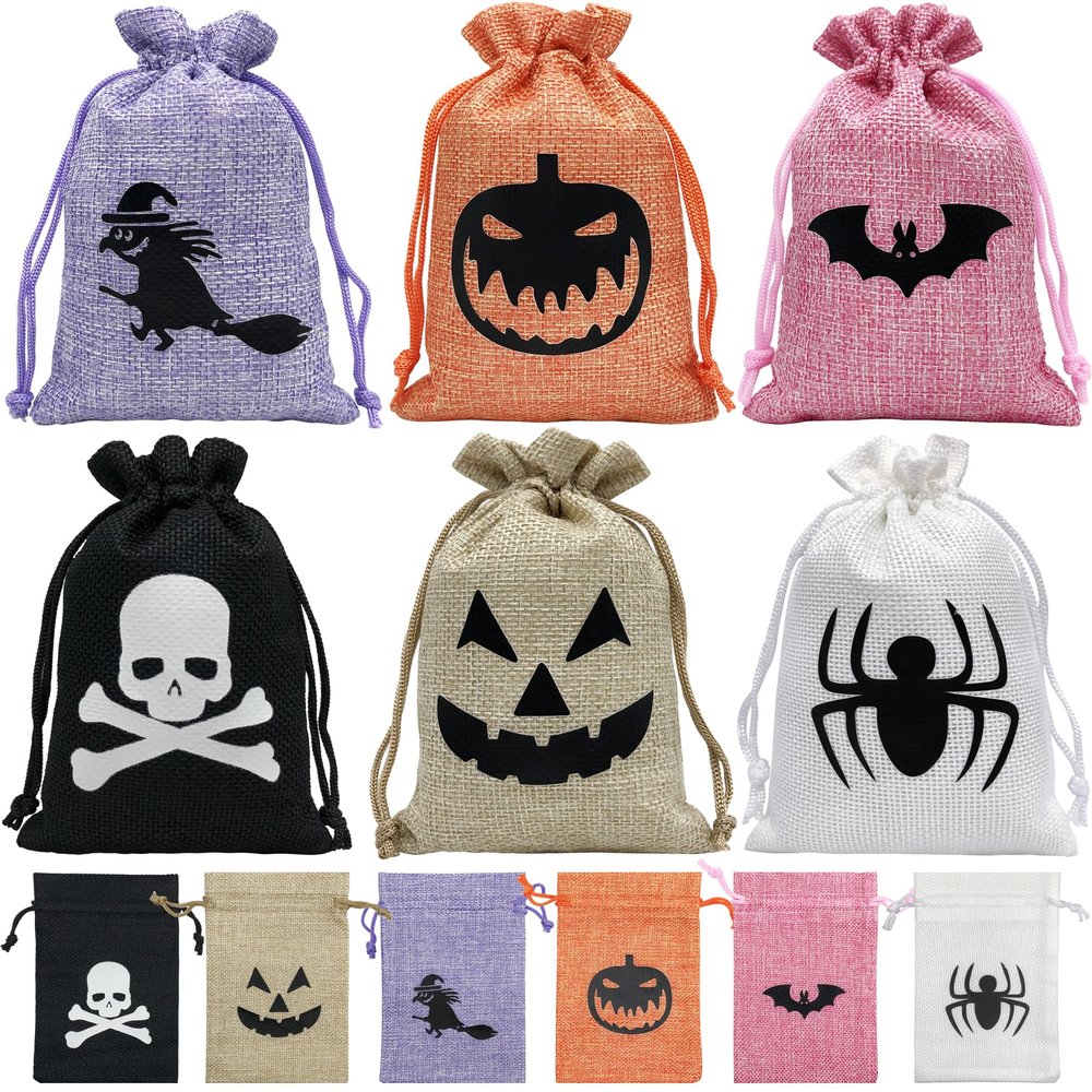 Jexila 24 Pack Halloween Burlap Gift Bags Small Drawstring Goodie Treat Bag Halloween Linen Jute Candy Bags for Kids Trick or Treat Party Favor