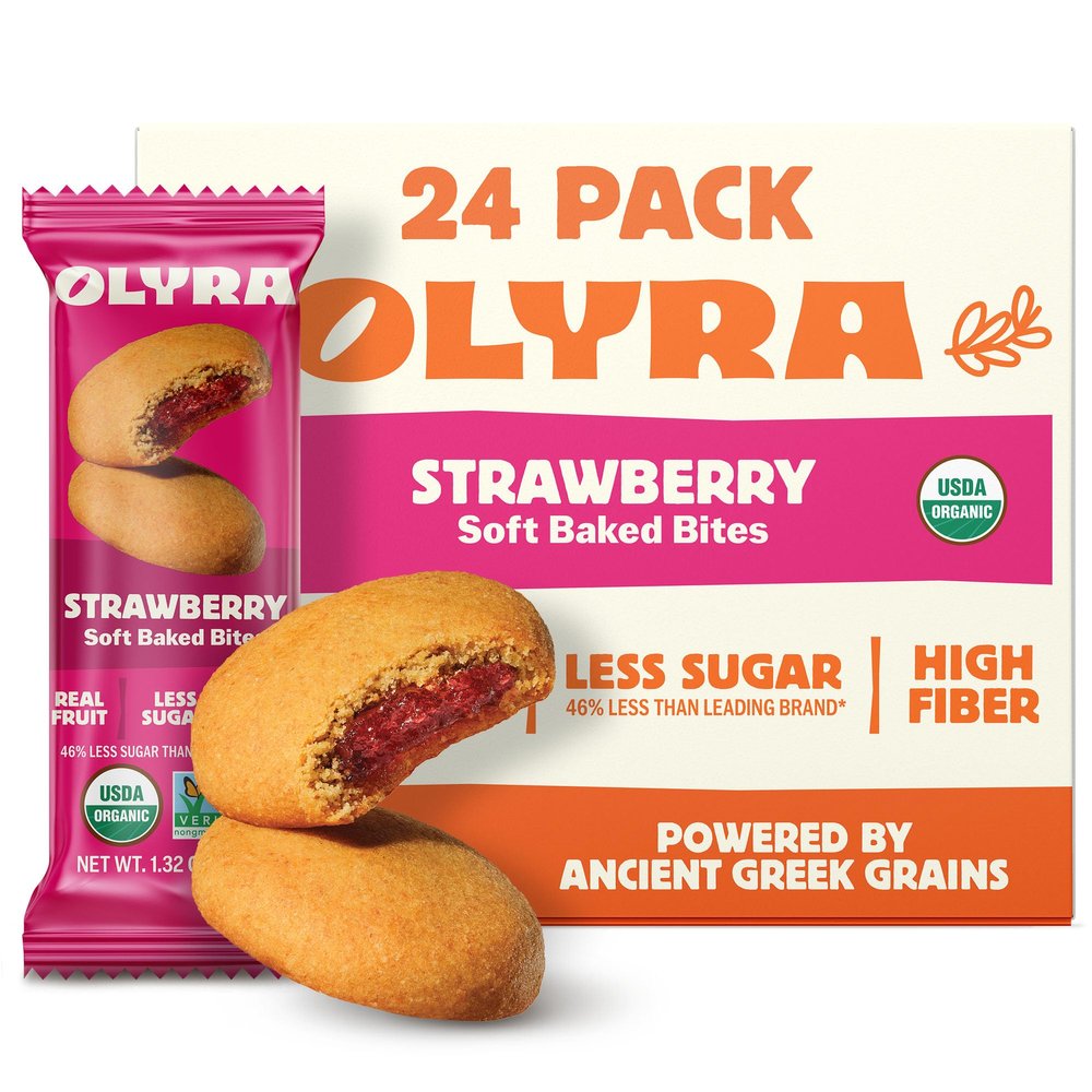Olyra Strawberry Organic Fruit Bars, Prebiotic High Fiber Snack, Gut Health, Fruit Filled & Whole Grain Bites, Kids Healthy Snacks, Low Sugar, Vegan, USDA Certified Organic, Non GMO (Pack of 24)