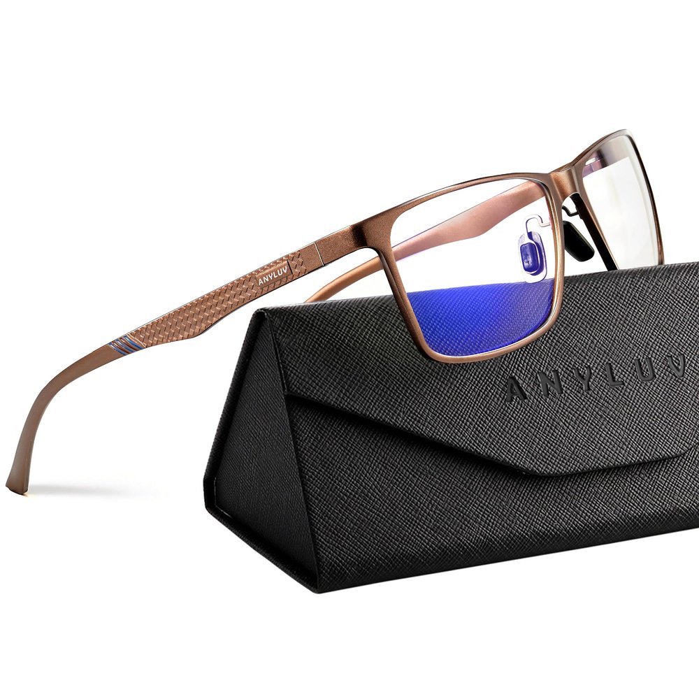 ANYLUV Blue Light Glasses Men, Relieve Eyestrain and Eye Protection, Al-Mg Metal Computer Blue Light Blocking Glasses Clear Brown