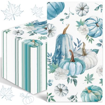 100PCS Fall Paper Napkins Blue Thanksgiving Napkins 3 Ply Disposable Blue Pumpkin Napkin Decorative Fall Paper Guest Towels for Bathroom Kitchen Autumn Harvest Party Supplies Wedding