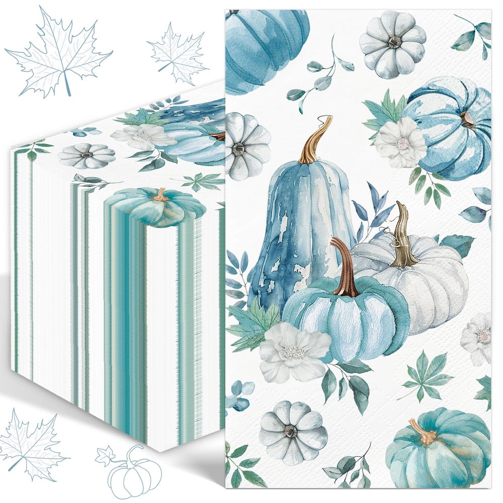 100PCS Fall Paper Napkins Blue Thanksgiving Napkins 3 Ply Disposable Blue Pumpkin Napkin Decorative Fall Paper Guest Towels for Bathroom Kitchen Autumn Harvest Party Supplies Wedding