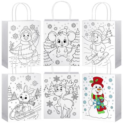 Saypacck 24 Pcs Color Your Own Winter Wonderland Bags Reusable Christmas Coloring Goodies Snowman Reindeer Kraft Paper Tote Candy Bags Winter Coloring Craft for Xmas Party Favor Supplies