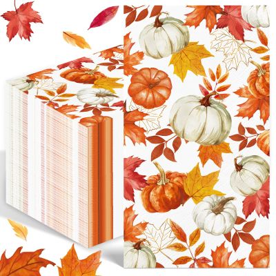 100PCS Fall Paper Napkins Thanksgiving Napkins 3 Ply Autumn Napkin Disposable Pumpkin Maple Leaves Napkin Decorative Fall Paper Guest Towels for Bathroom Autumn Harvest Party Supplies Picnic Wedding