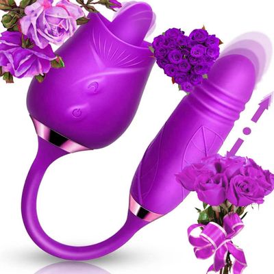 NineLife Basics Easy to Operate Rose Shape Toys Update Model 3 in 1 Rose Toy with Tongue Licking, Thrusting and Vibrating Adult Tools YM3+6 * 6, Roses-purple
